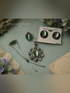 Green Cat Eye Glass Jewelry 4 Pc Set Best + Handmade